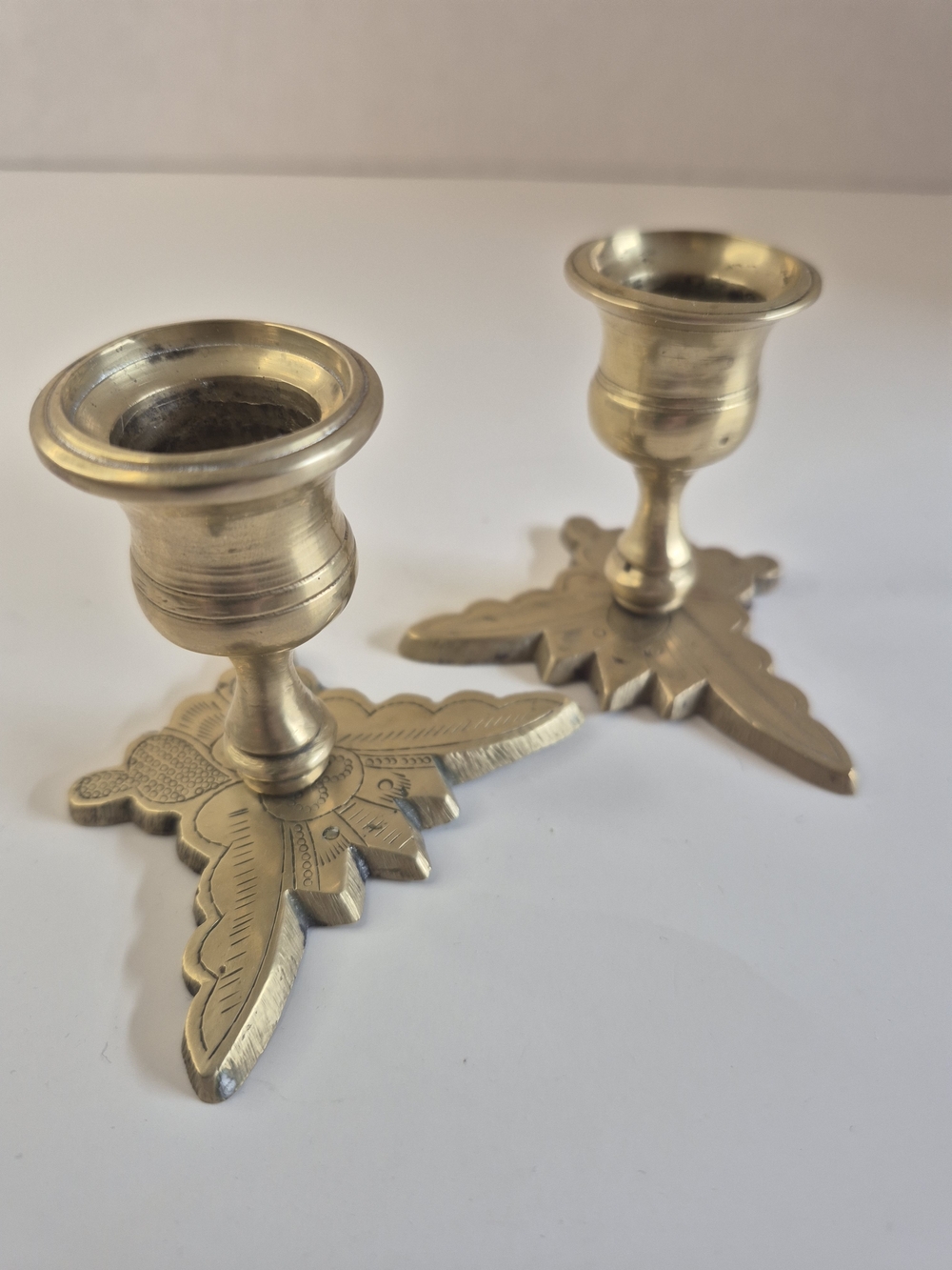 Vintage Pair Brass Candle Sticks with Butterfly Base Small Candle Holders